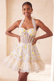 Floral Light Blue Corset Ruffled Halter A Line Short Homecoming Dress