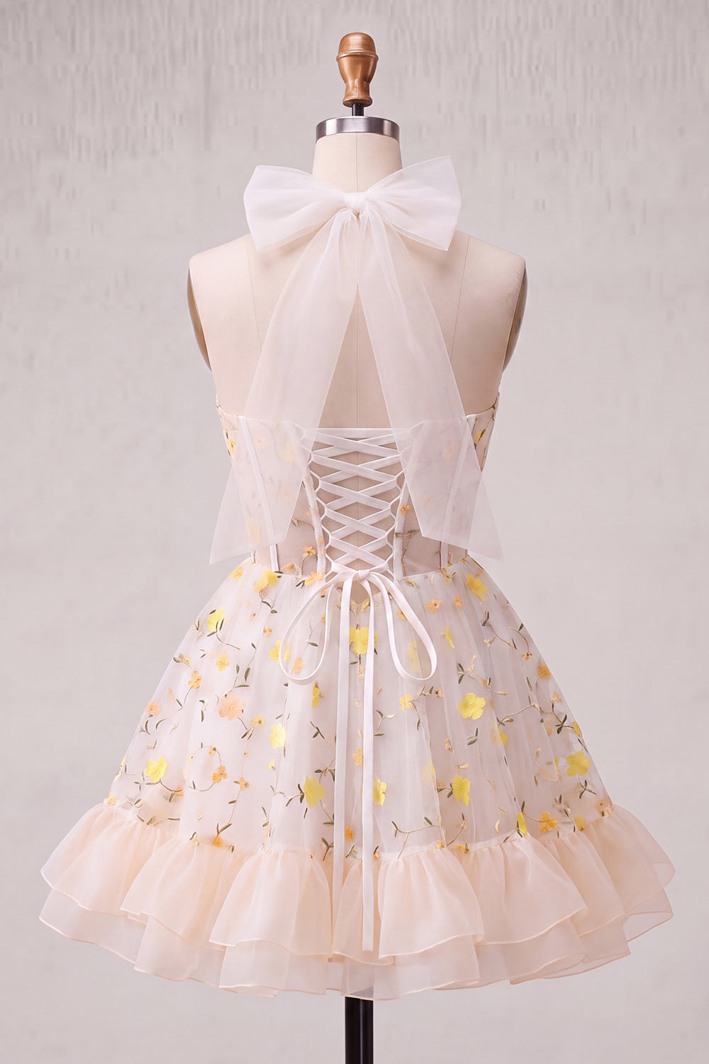 Floral Light Blue Corset Ruffled Halter A Line Short Homecoming Dress