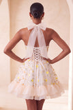 Floral Light Blue Corset Ruffled Halter A Line Short Homecoming Dress