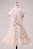 Floral Light Blue Corset Ruffled Halter A Line Short Homecoming Dress
