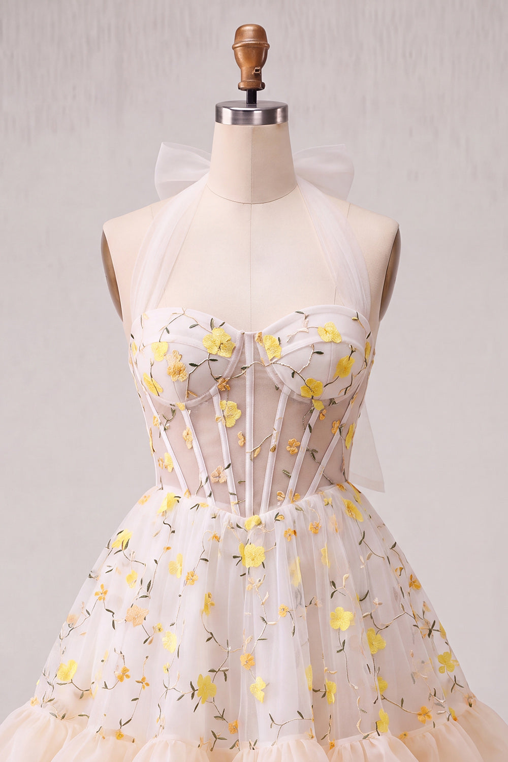 Floral Light Blue Corset Ruffled Halter A Line Short Homecoming Dress