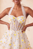 Floral Light Blue Corset Ruffled Halter A Line Short Homecoming Dress