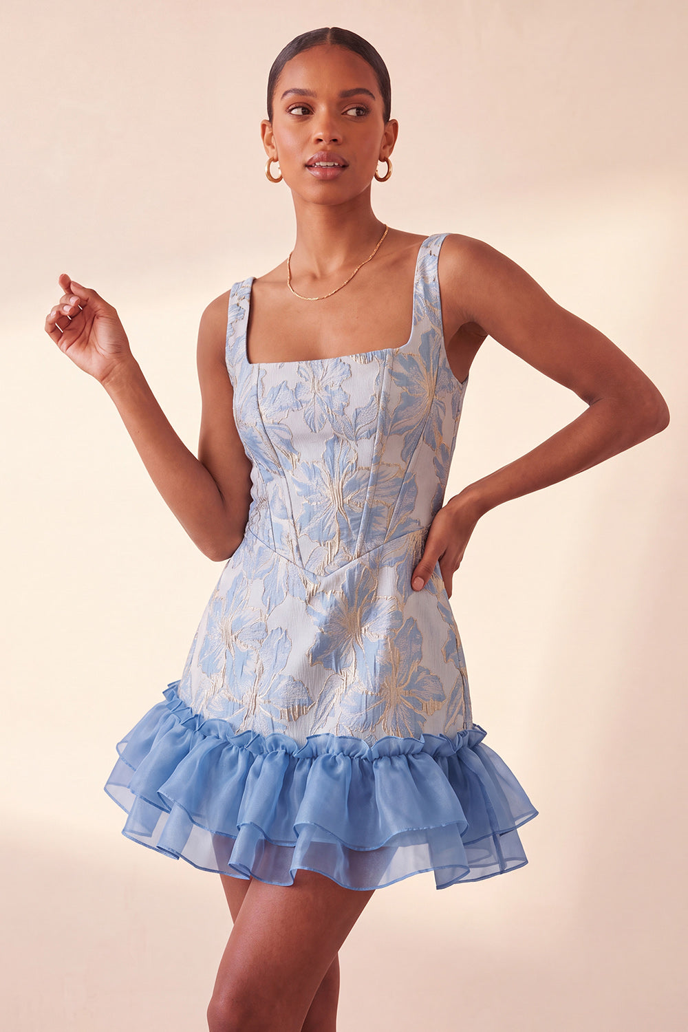 Zapakasa Women Lake Blue Jacquard Short Corset Homecoming Dress Floral Ruffled A-Line Square Neck Cocktail Dress