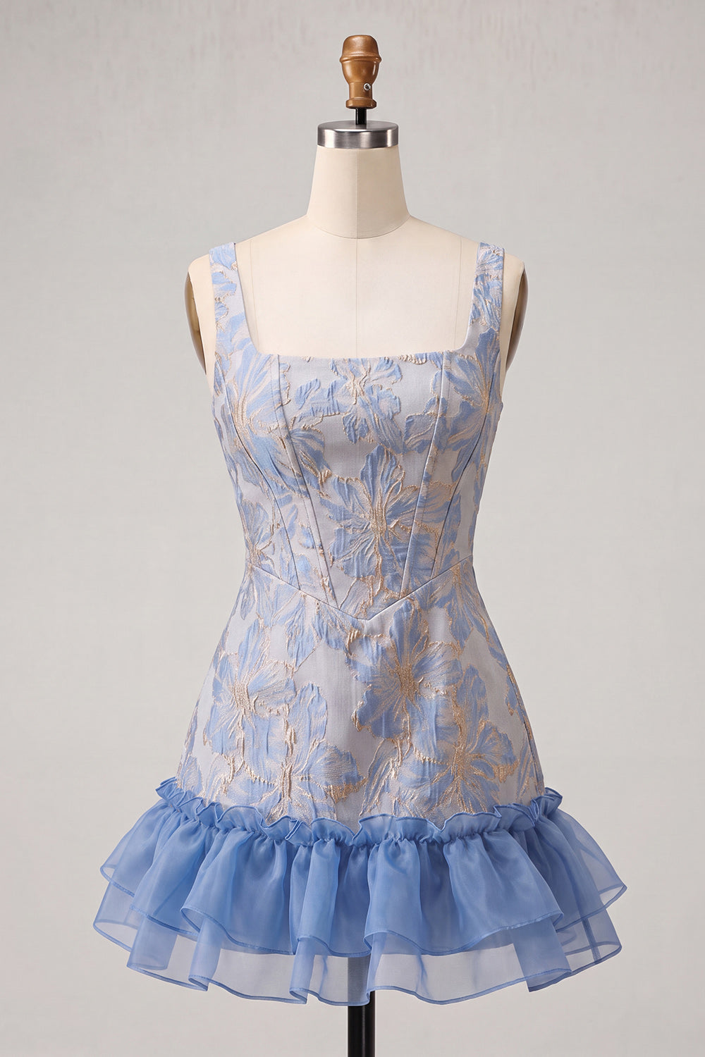 Lake Blue Jacquard Corset Ruffled A-Line Short Homecoming Dress