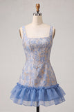 Lake Blue Jacquard Corset Ruffled A-Line Short Homecoming Dress