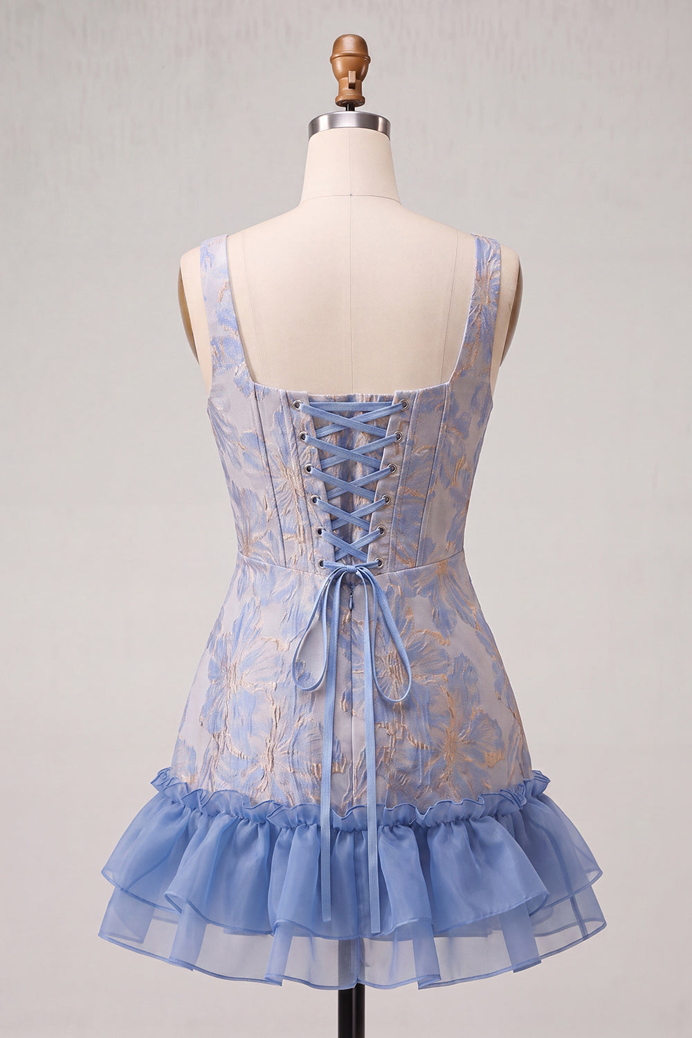 Lake Blue Jacquard Corset Ruffled A-Line Short Homecoming Dress