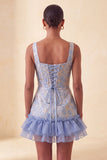 Lake Blue Jacquard Corset Ruffled A-Line Short Homecoming Dress