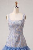 Lake Blue Jacquard Corset Ruffled A-Line Short Homecoming Dress