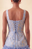 Lake Blue Jacquard Corset Ruffled A-Line Short Homecoming Dress
