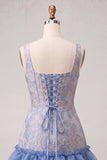 Lake Blue Jacquard Corset Ruffled A-Line Short Homecoming Dress