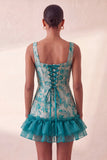Lake Blue Jacquard Corset Ruffled A-Line Short Homecoming Dress