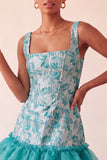 Lake Blue Jacquard Corset Ruffled A-Line Short Homecoming Dress