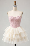 Yellow Jacquard Tiered Ruffled A Line Short Corset Homecoming Dress