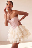 Yellow Jacquard Tiered Ruffled A Line Short Corset Homecoming Dress