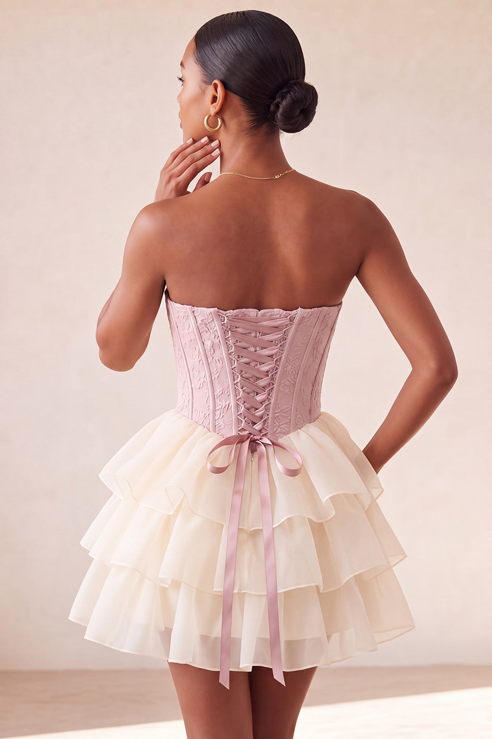 Yellow Jacquard Tiered Ruffled A Line Short Corset Homecoming Dress