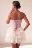 Yellow Jacquard Tiered Ruffled A Line Short Corset Homecoming Dress
