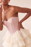 Yellow Jacquard Tiered Ruffled A Line Short Corset Homecoming Dress