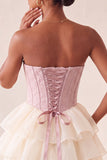 Yellow Jacquard Tiered Ruffled A Line Short Corset Homecoming Dress