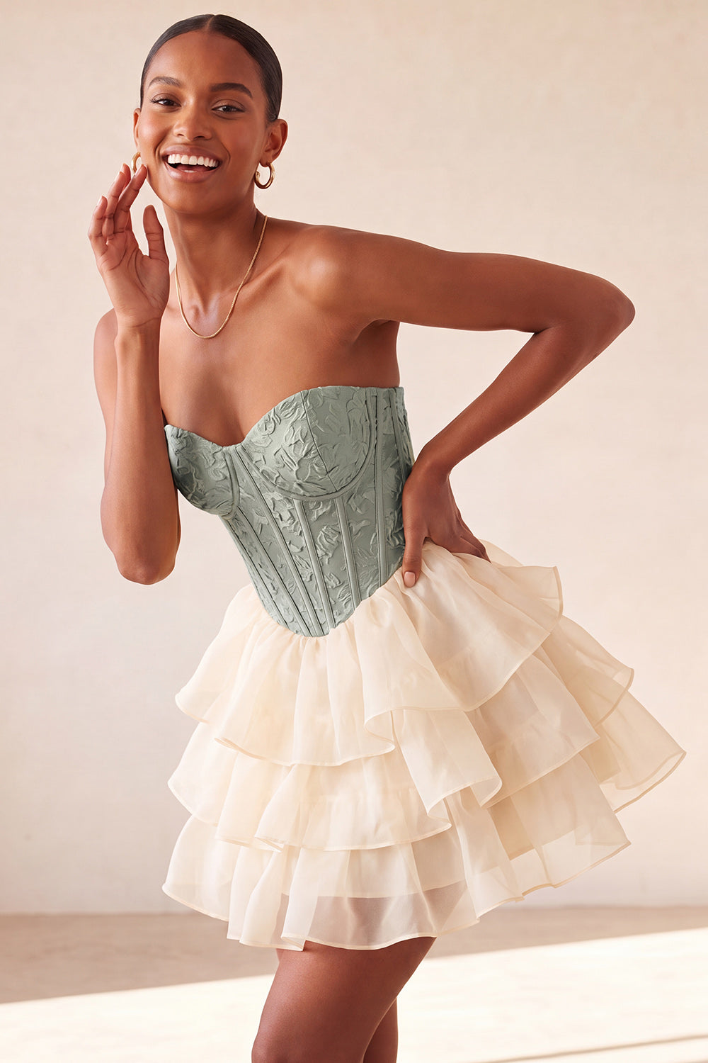 Yellow Jacquard Tiered Ruffled A Line Short Corset Homecoming Dress