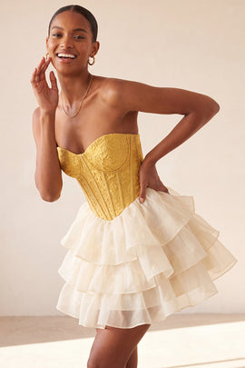 Yellow Jacquard Tiered Ruffled A Line Short Corset Homecoming Dress