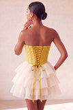 Yellow Jacquard Tiered Ruffled A Line Short Corset Homecoming Dress