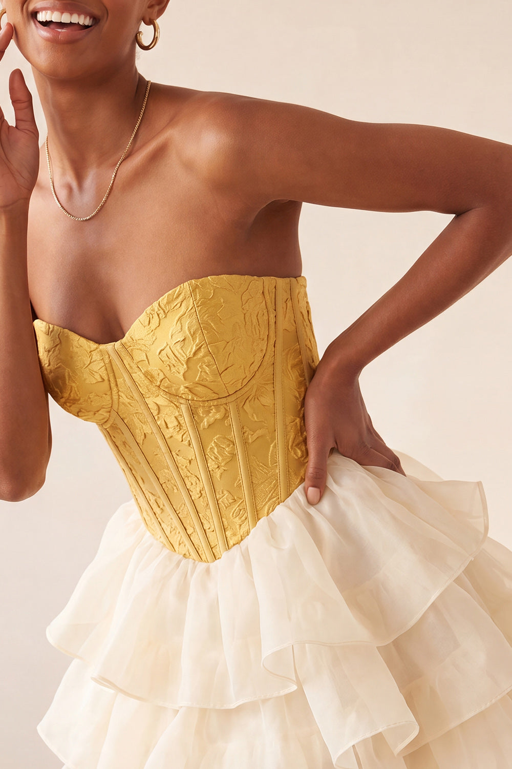 Yellow Jacquard Tiered Ruffled A Line Short Corset Homecoming Dress