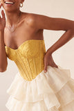 Yellow Jacquard Tiered Ruffled A Line Short Corset Homecoming Dress