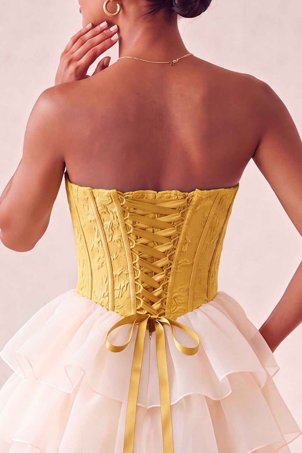 Yellow Jacquard Tiered Ruffled A Line Short Corset Homecoming Dress