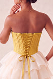 Yellow Jacquard Tiered Ruffled A Line Short Corset Homecoming Dress