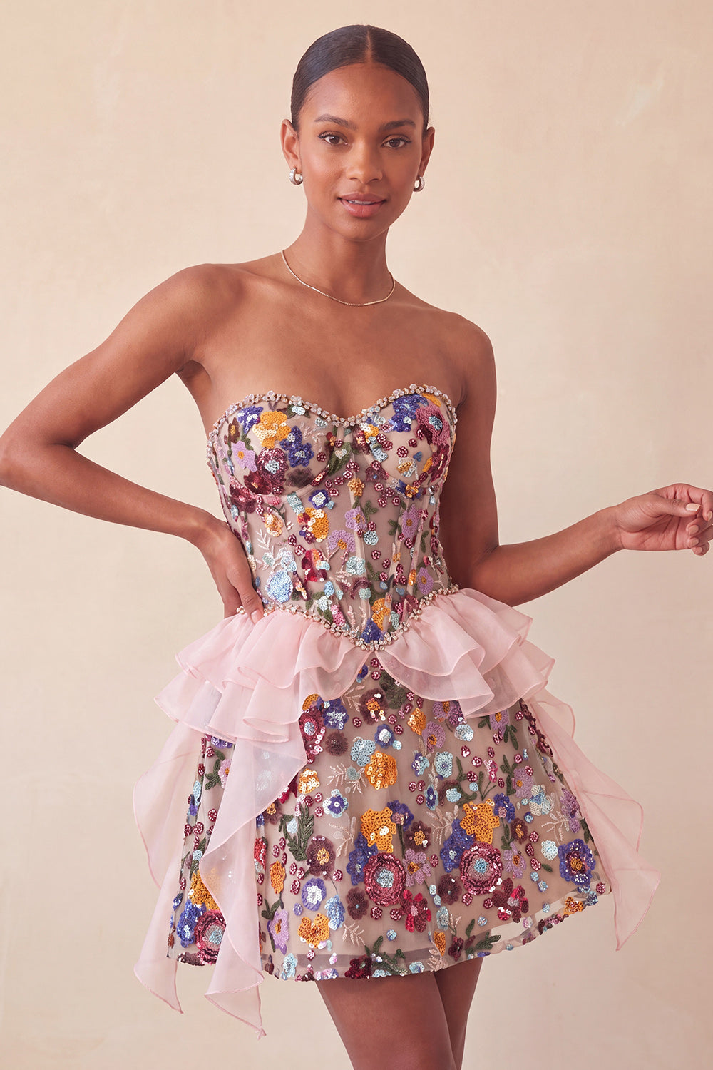 Sparkly Sage Green Floral Corset Sequin Ruffled Short Homecoming Dress