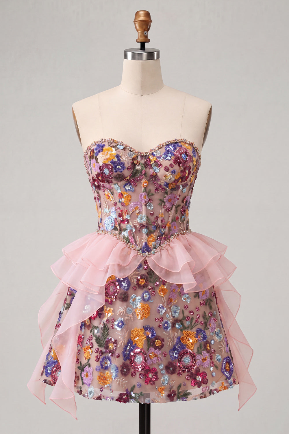 Sparkly Sage Green Floral Corset Sequin Ruffled Short Homecoming Dress