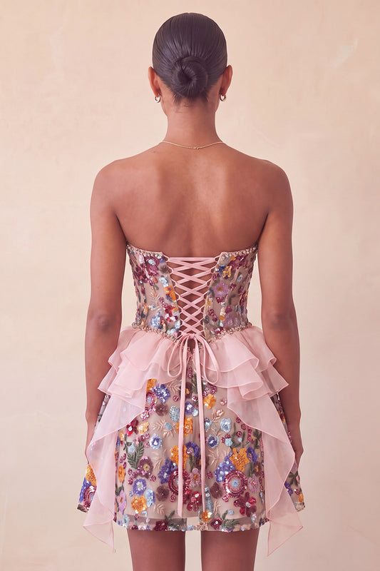 Sparkly Pink Floral Corset Sequin Ruffled Short Homecoming Dress