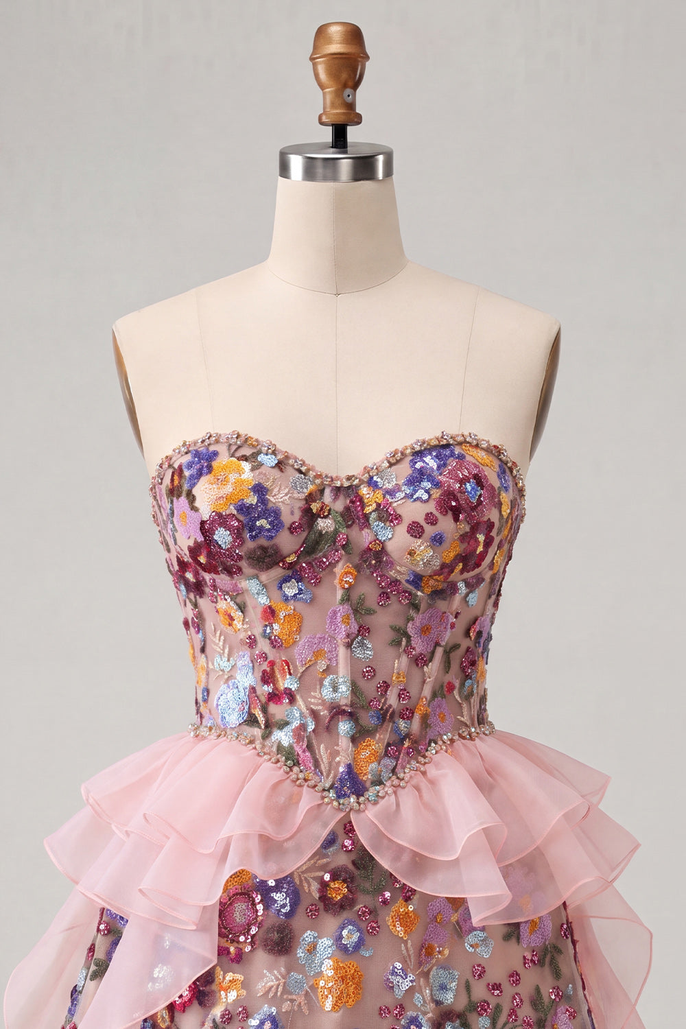 Sparkly Sage Green Floral Corset Sequin Ruffled Short Homecoming Dress