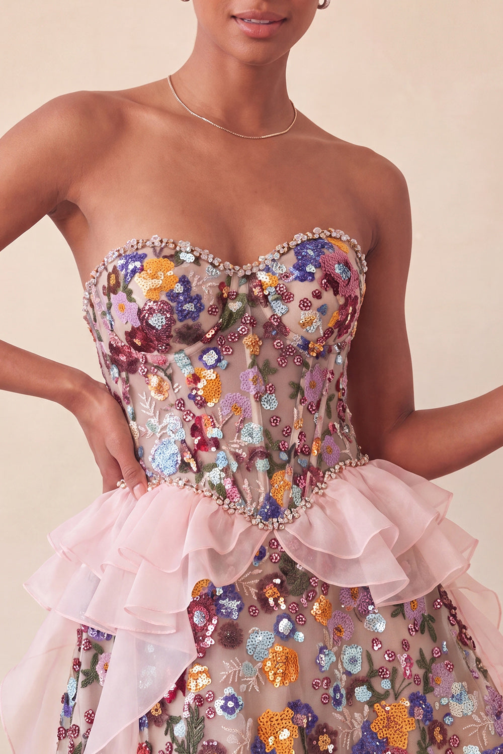 Sparkly Sage Green Floral Corset Sequin Ruffled Short Homecoming Dress