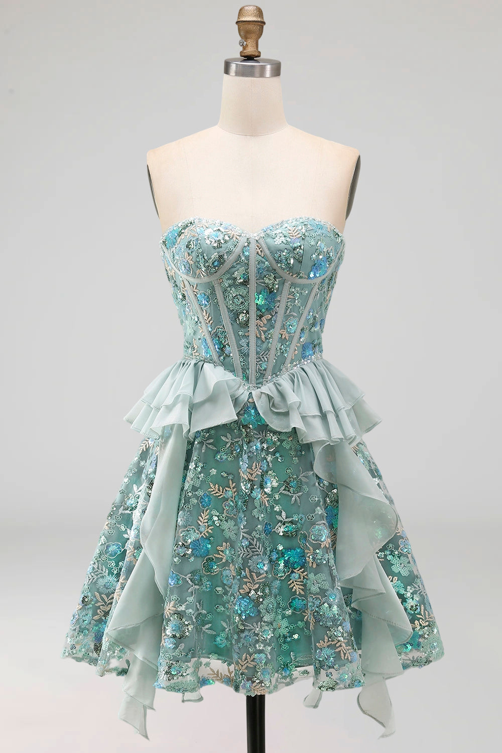 Sparkly Pink Floral Corset Sequin Ruffled Short Homecoming Dress