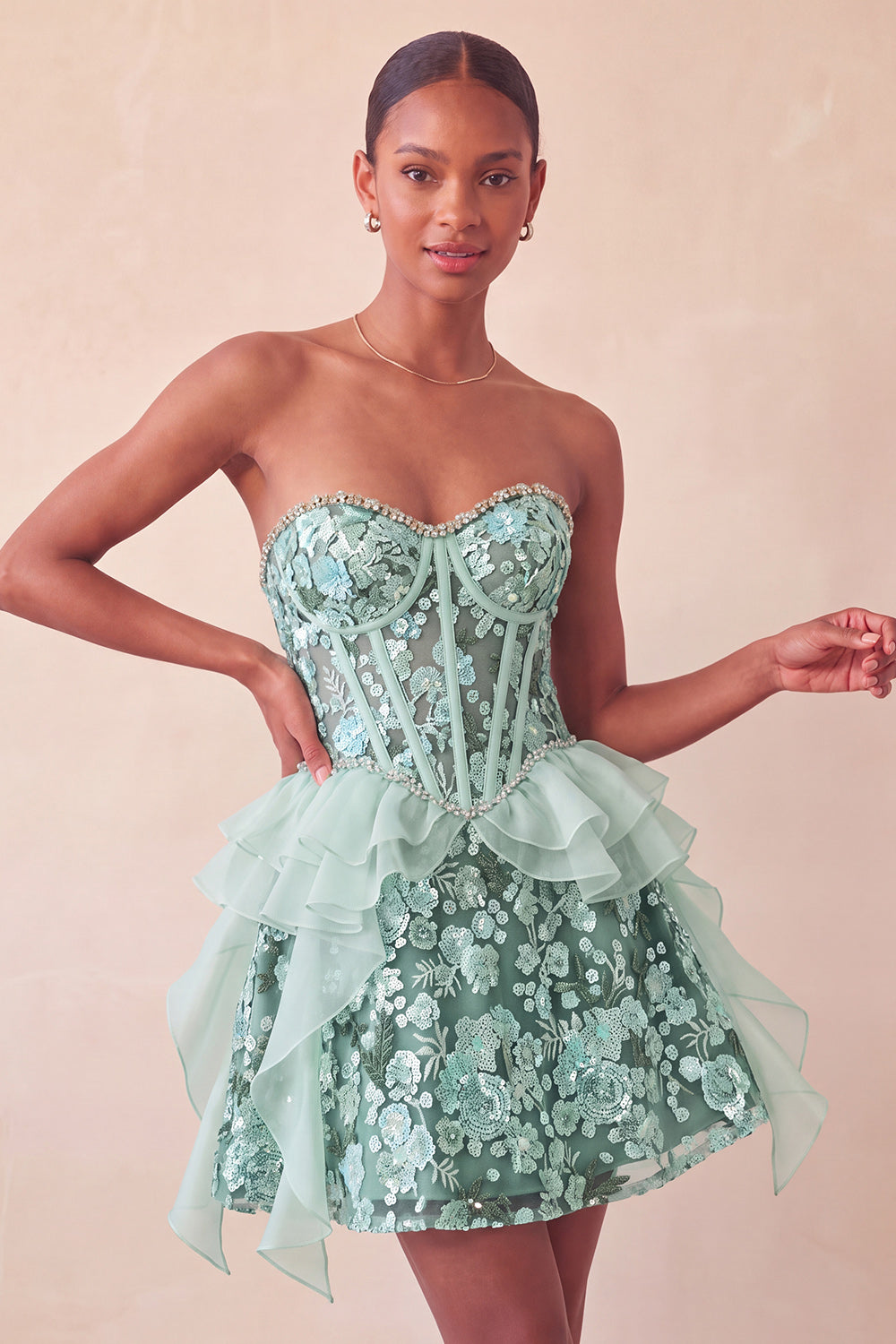 Sparkly Sage Green Floral Corset Sequin Ruffled Short Homecoming Dress