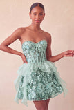 Sparkly Sage Green Floral Corset Sequin Ruffled Short Homecoming Dress