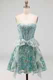 Sparkly Pink Floral Corset Sequin Ruffled Short Homecoming Dress