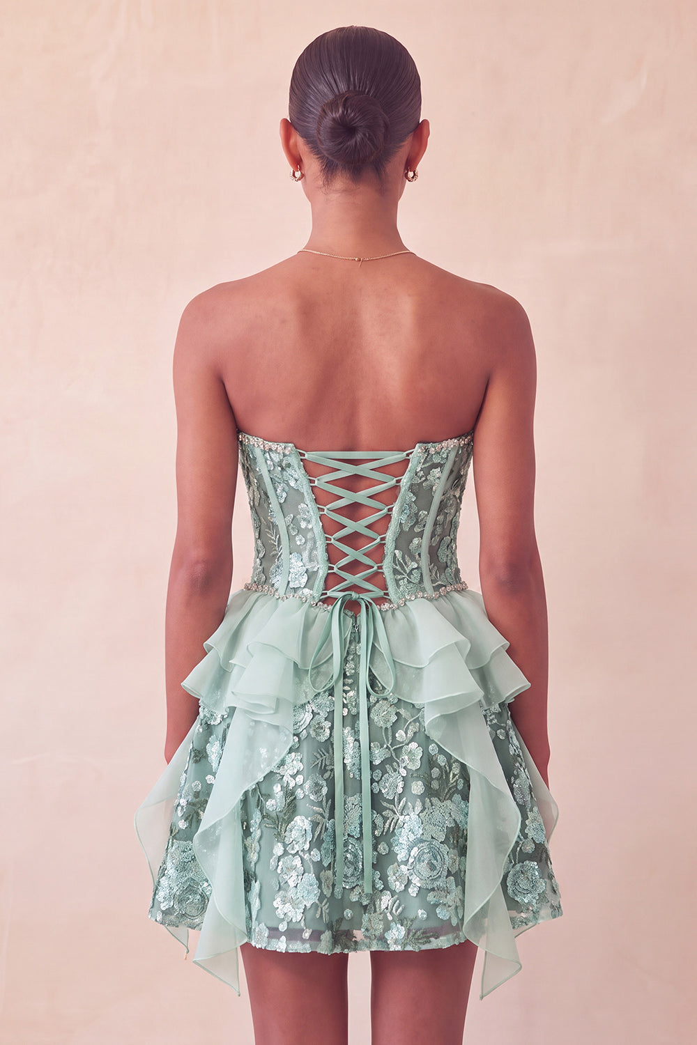 Sparkly Sage Green Floral Corset Sequin Ruffled Short Homecoming Dress