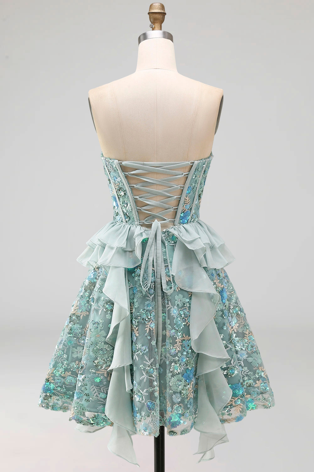 Sparkly Pink Floral Corset Sequin Ruffled Short Homecoming Dress