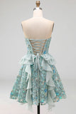 Sparkly Pink Floral Corset Sequin Ruffled Short Homecoming Dress