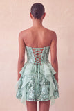 Sparkly Sage Green Floral Corset Sequin Ruffled Short Homecoming Dress
