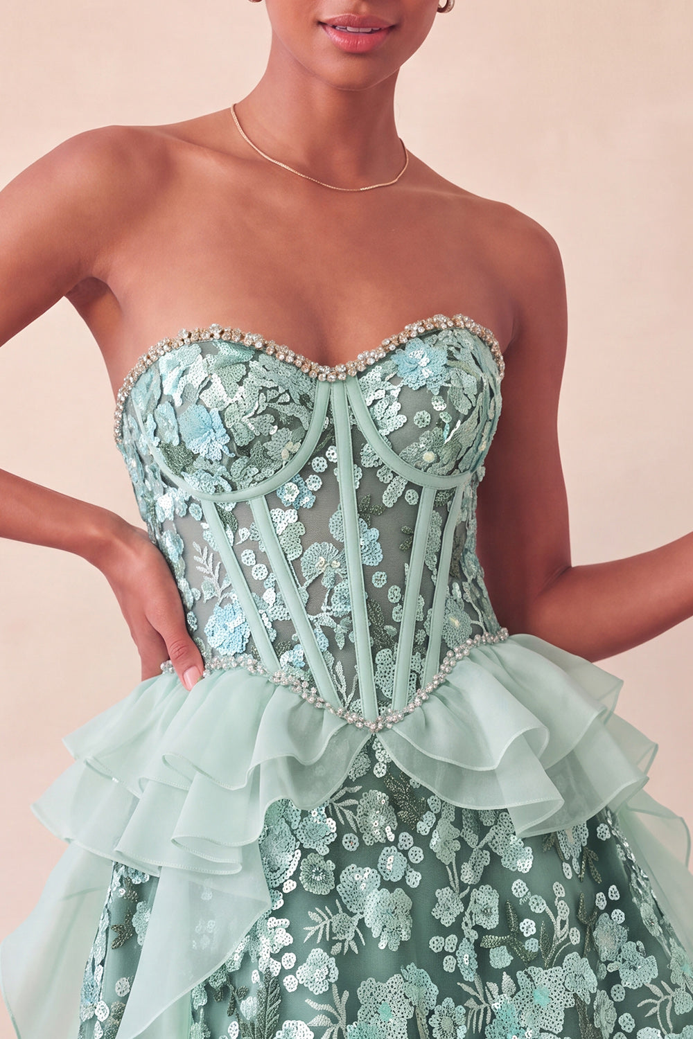 Sparkly Sage Green Floral Corset Sequin Ruffled Short Homecoming Dress
