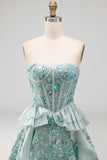 Sparkly Pink Floral Corset Sequin Ruffled Short Homecoming Dress