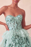 Sparkly Sage Green Floral Corset Sequin Ruffled Short Homecoming Dress