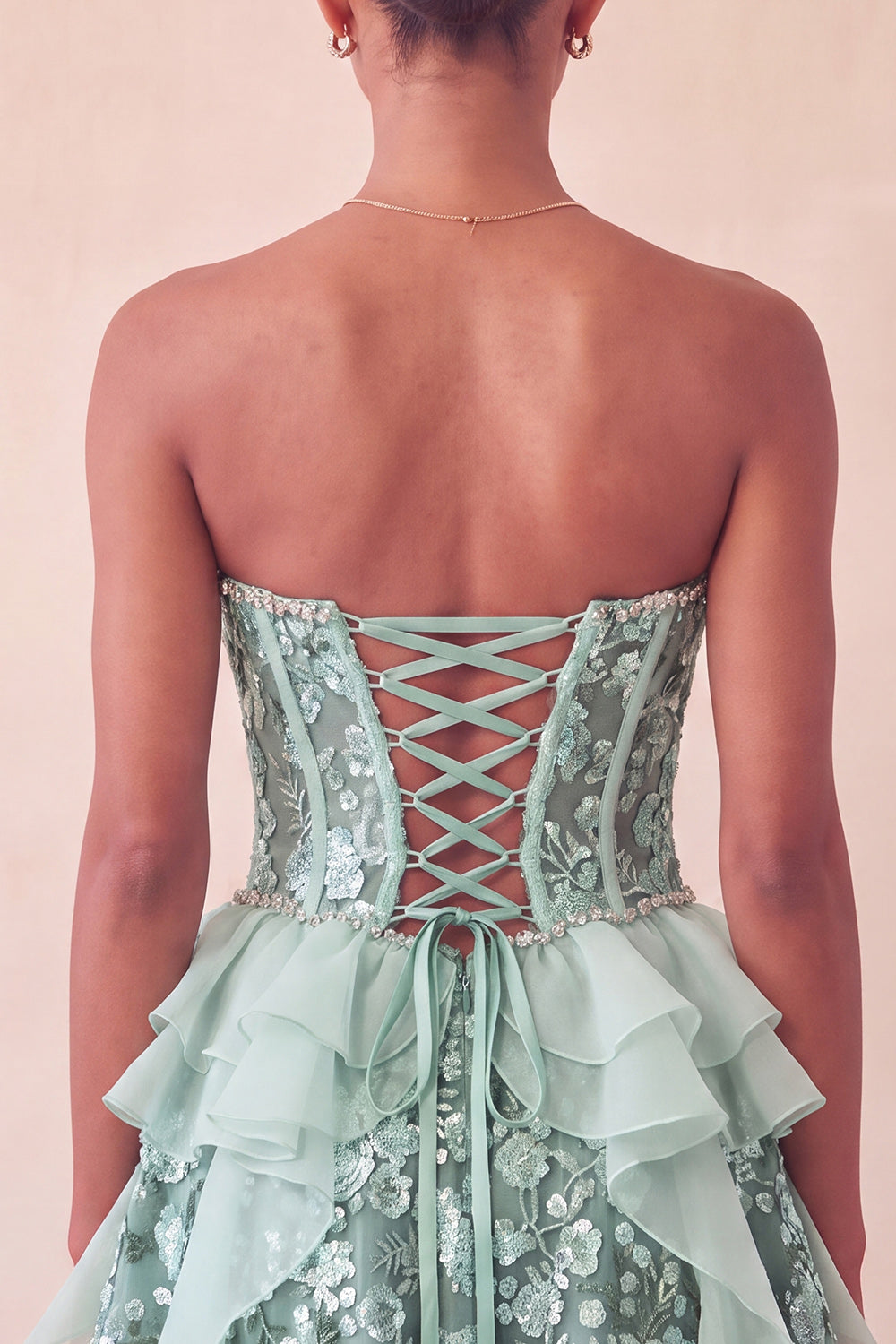Sparkly Sage Green Floral Corset Sequin Ruffled Short Homecoming Dress