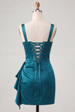 Pink Satin Beaded Tight Short Corset Homecoming Dress with Sash