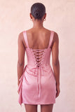 Pink Satin Beaded Tight Short Corset Homecoming Dress with Sash