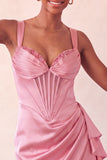 Pink Satin Beaded Tight Short Corset Homecoming Dress with Sash