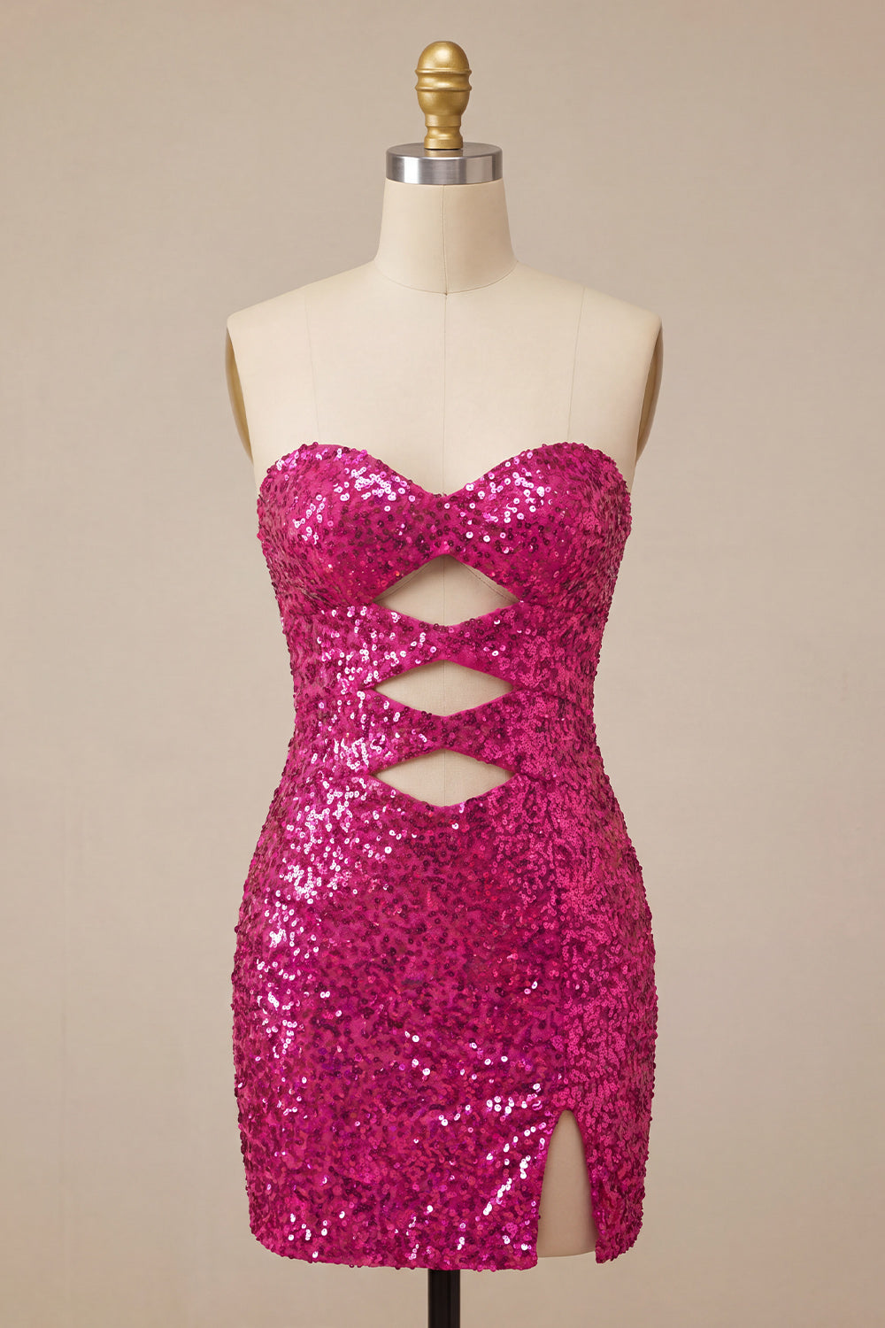 Sparkly Pink Sequin Keyhole Tight Short Homecoming Dress with Slit